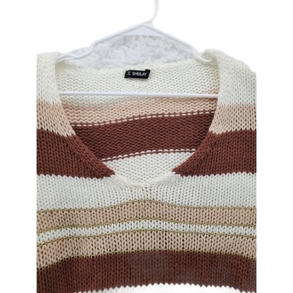 SHEILAY Sweater Women's L/S Striped Shaker Knit V-Neck Pullover Brown Large - Picture 5 of 6